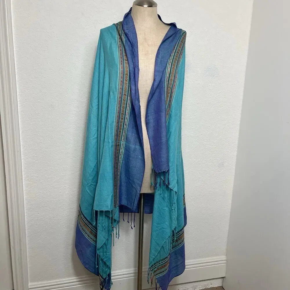 Blue Pashmina Scarf Wrap Unbranded Tassels at ends, Bohemian, Coastal, Travel